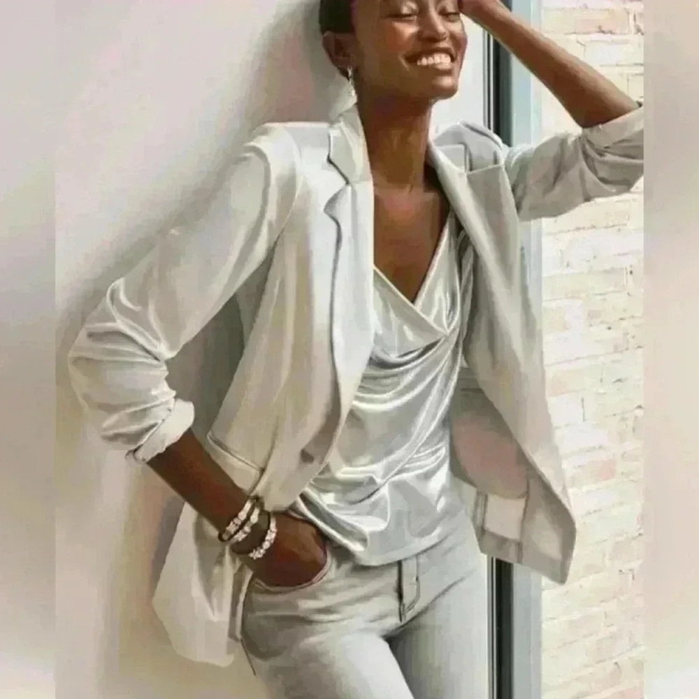 White House Black Market Plush Silver Velvet Long Sleeve Single Button Blazer 6